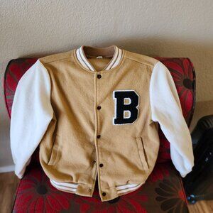 Shein Kids' Varsity Jacket Size 11-12Y Tan & White Polyester Letterman Style Sna